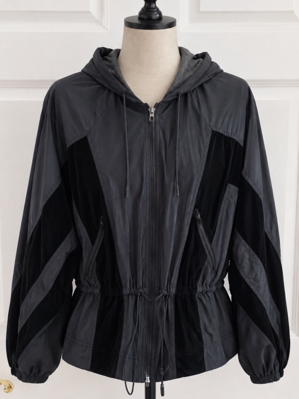 Dark Gray & Black Hooded Zip Front Jacket
